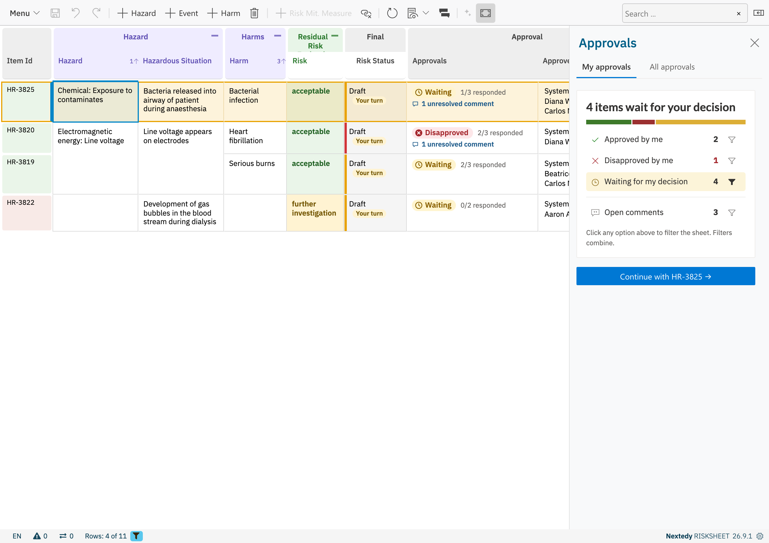 The sheet showing 4 of 11 rows, with Waiting for my decision highlighted in the sidebar and its filter icon filled