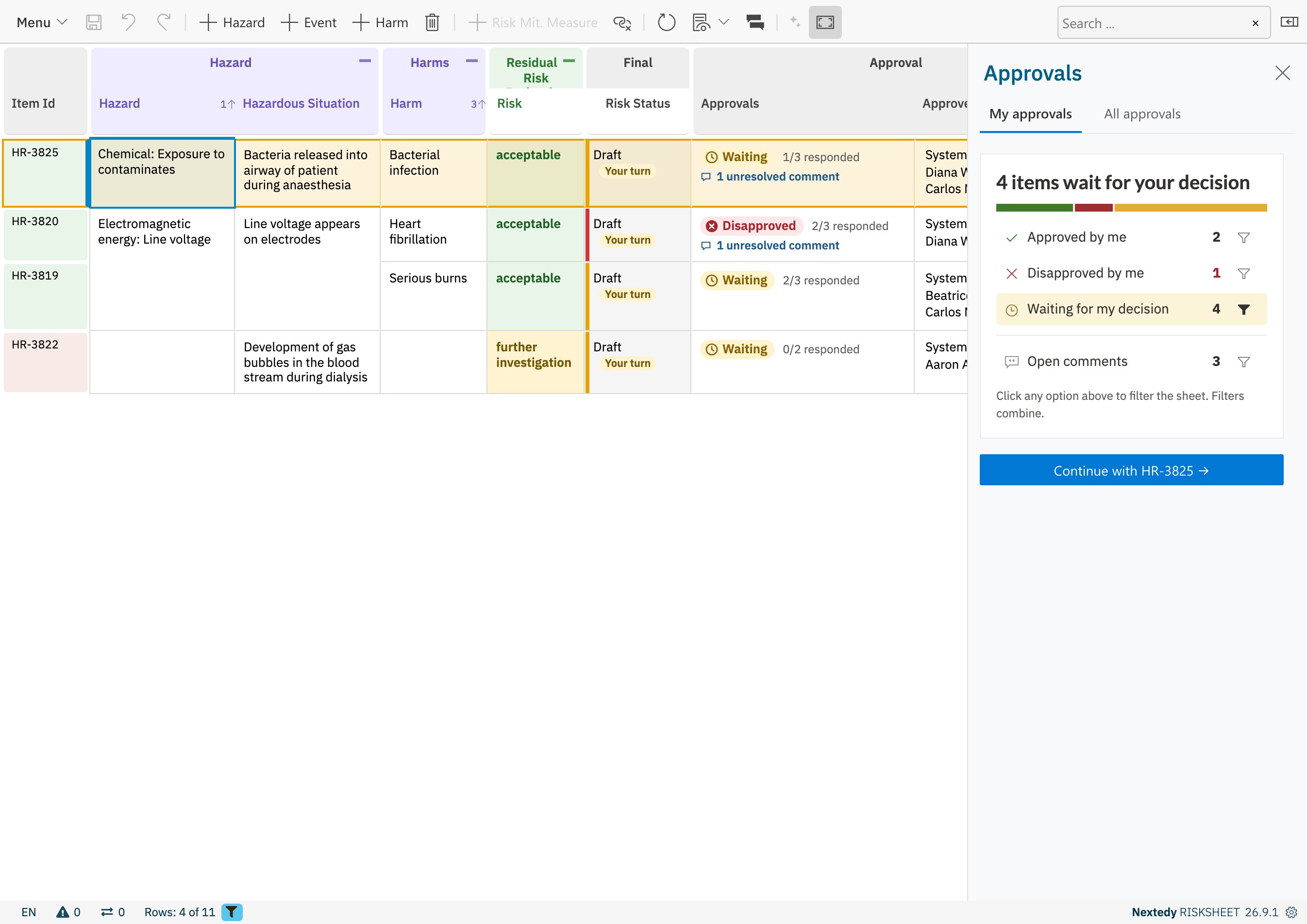 The sheet showing 4 of 11 rows, with Waiting for my decision highlighted in the sidebar and its filter icon filled