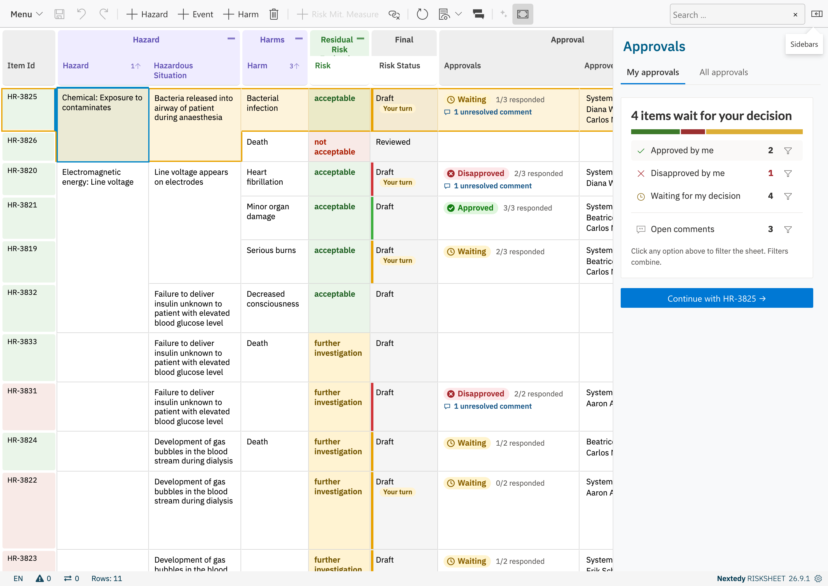 The sheet with the Approvals sidebar open on My approvals, showing 4 items wait for your decision and counts for approved, disapproved, waiting and open comments