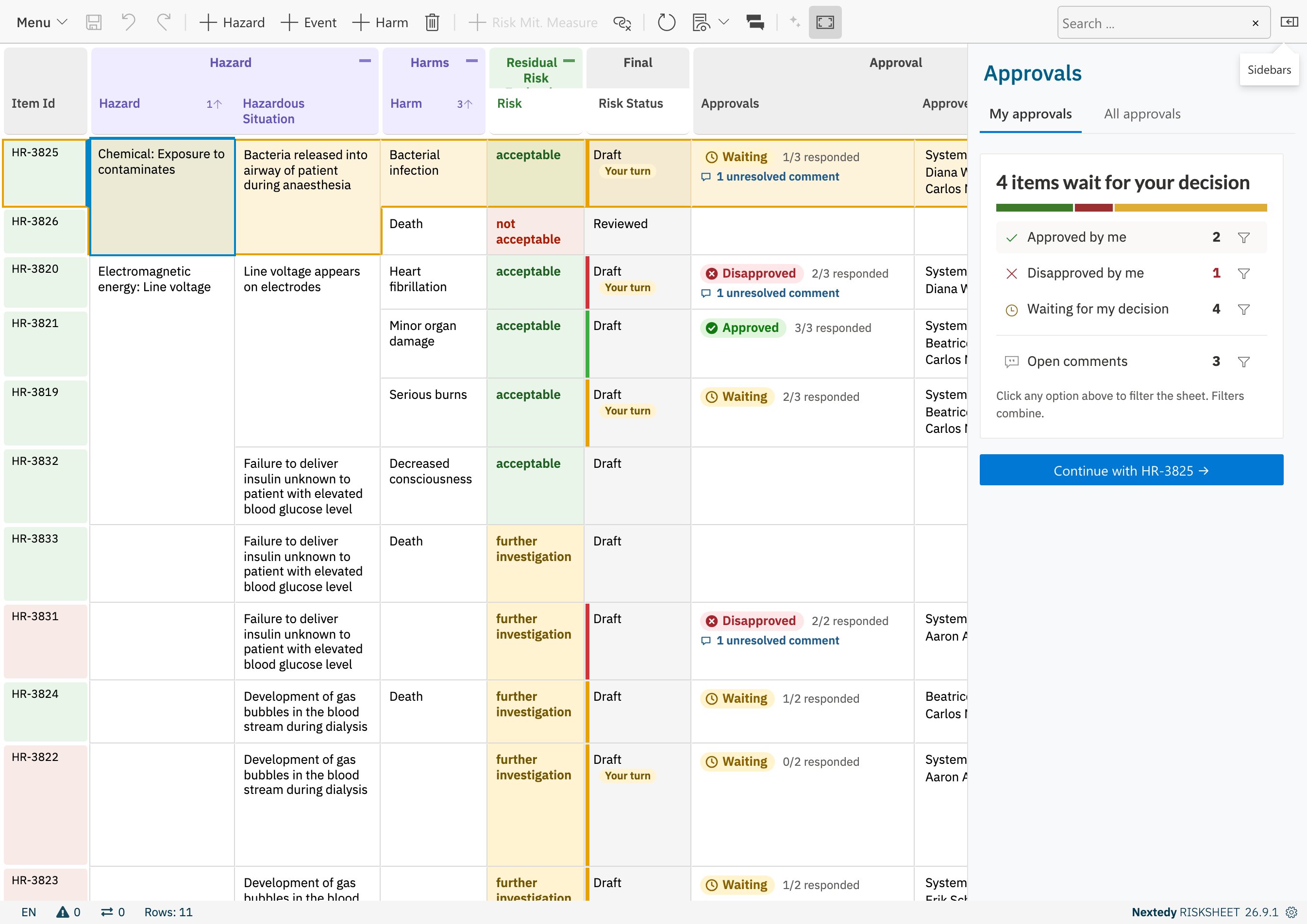 The sheet with the Approvals sidebar open on My approvals, showing 4 items wait for your decision and counts for approved, disapproved, waiting and open comments