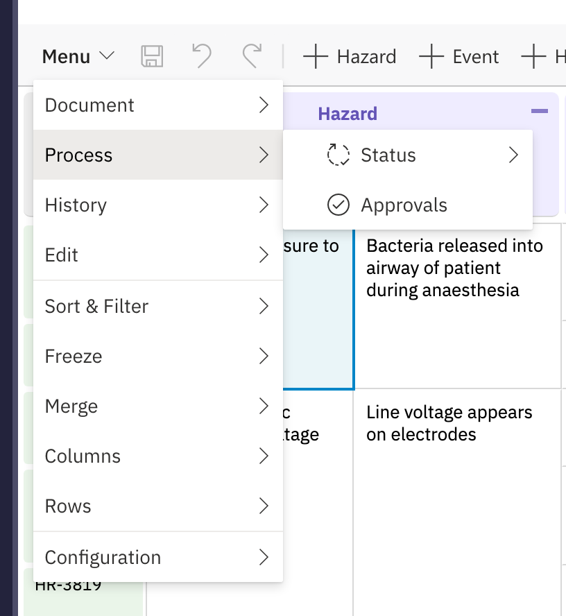 The Risksheet menu with the Process submenu open, showing Status and Approvals