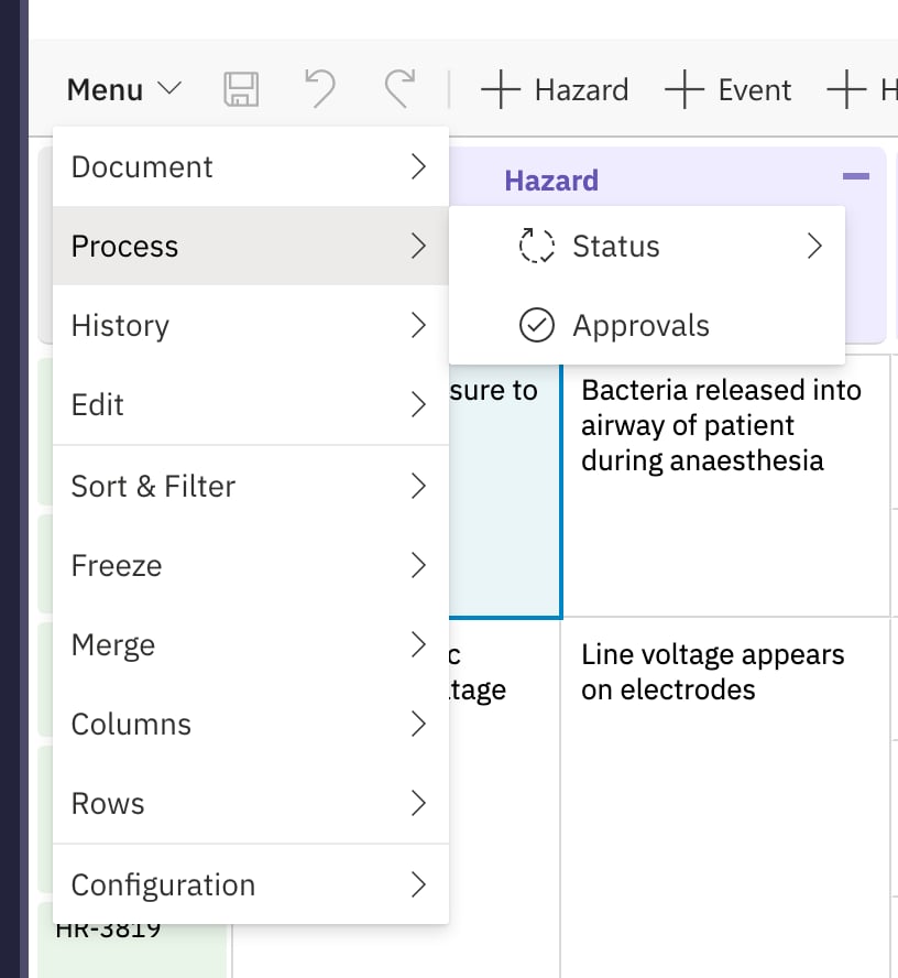 The Risksheet menu with the Process submenu open, showing Status and Approvals