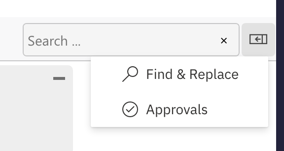 The toolbar's sidebar menu open, listing Find & Replace and Approvals