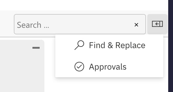 The toolbar's sidebar menu open, listing Find & Replace and Approvals