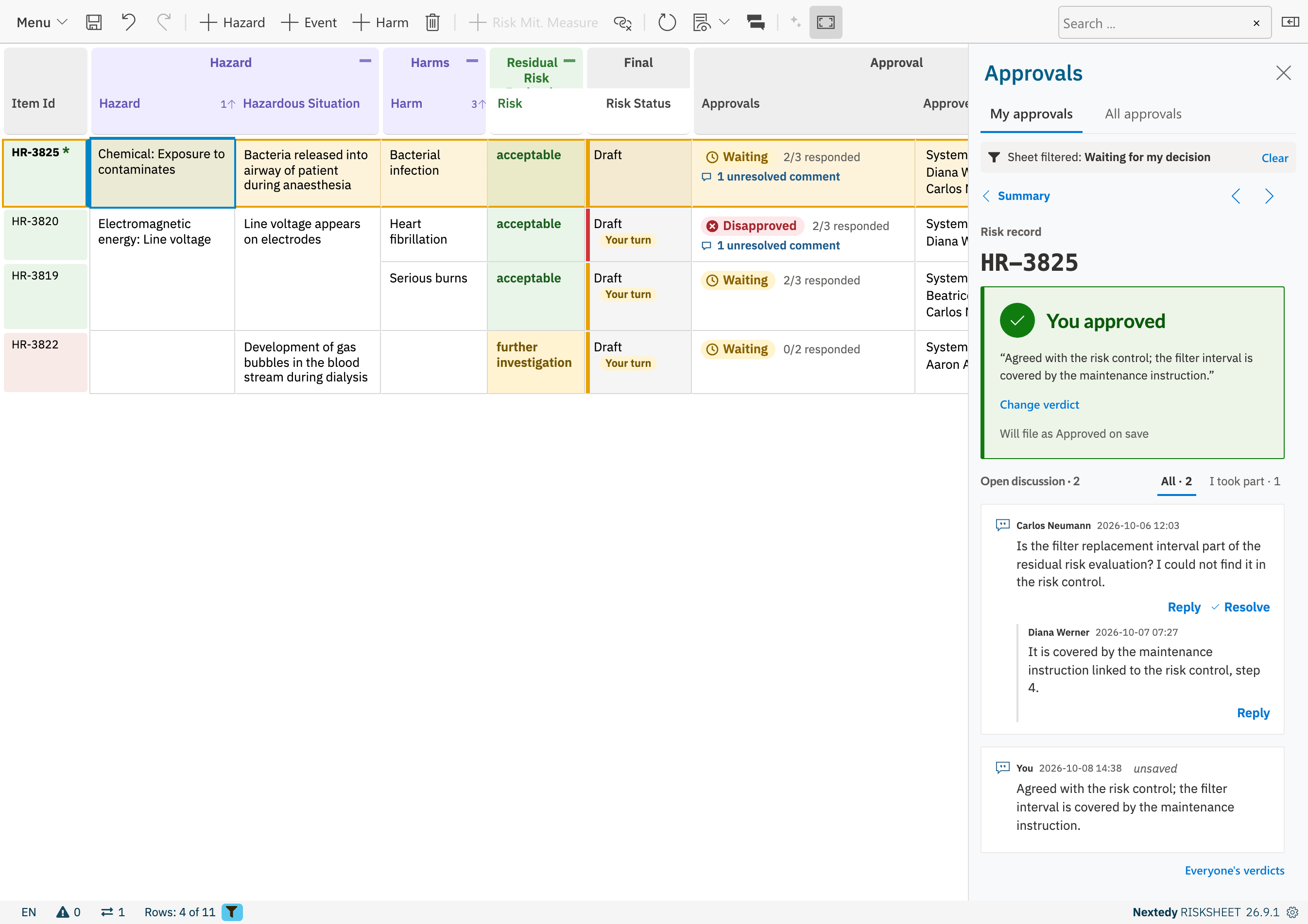 The sidebar reading You approved and Will file as Approved on save, with the new comment marked unsaved and the row marked as changed
