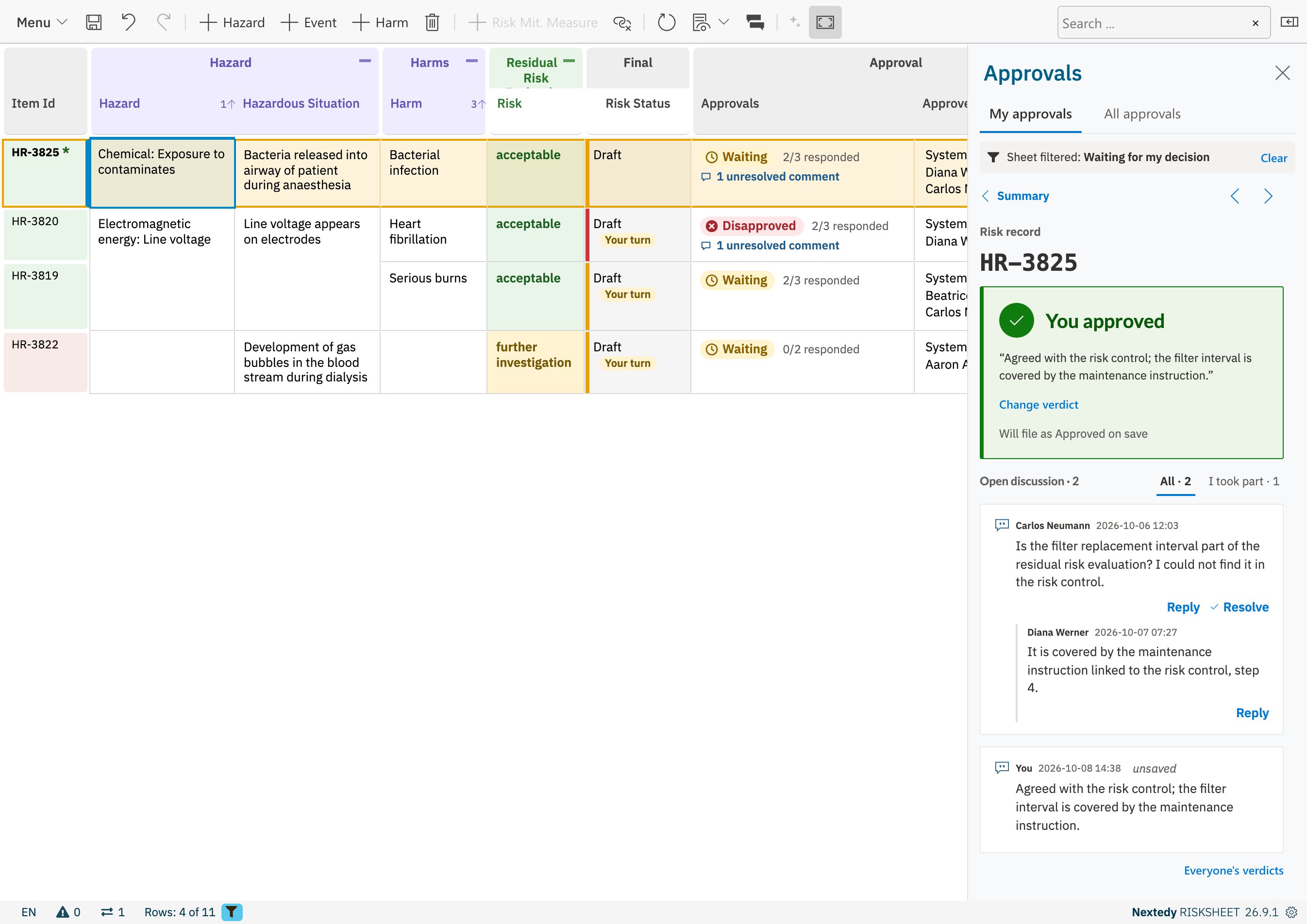 The sidebar reading You approved and Will file as Approved on save, with the new comment marked unsaved and the row marked as changed