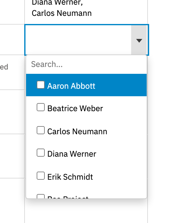 An Approvers cell open for editing, with a searchable list of approvers and a checkbox beside each name