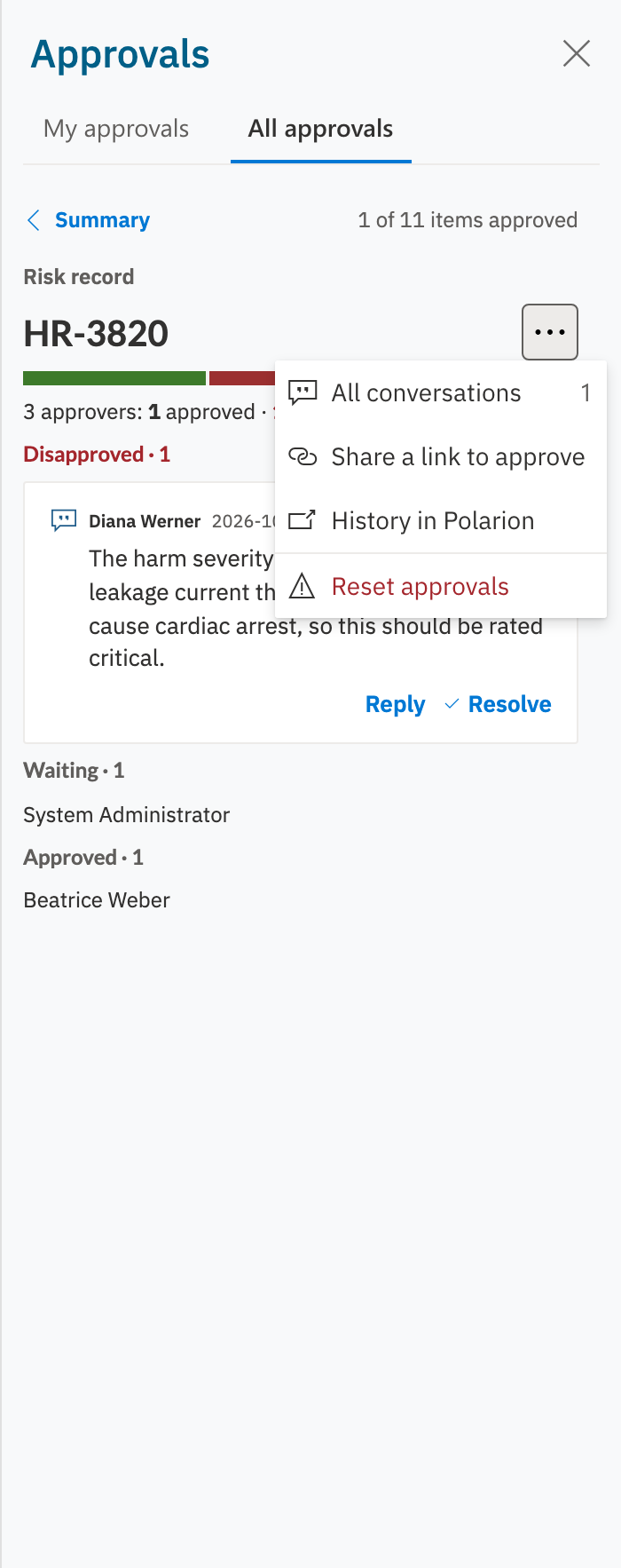 The More actions menu of a risk listing All conversations, Share a link to approve, History in Polarion and Reset approvals