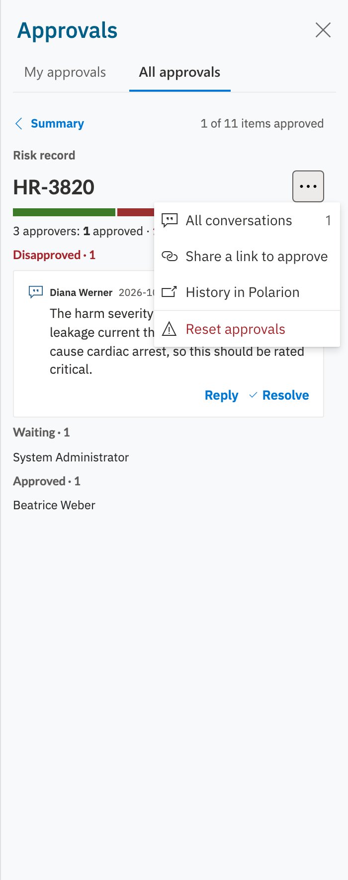 The More actions menu of a risk listing All conversations, Share a link to approve, History in Polarion and Reset approvals