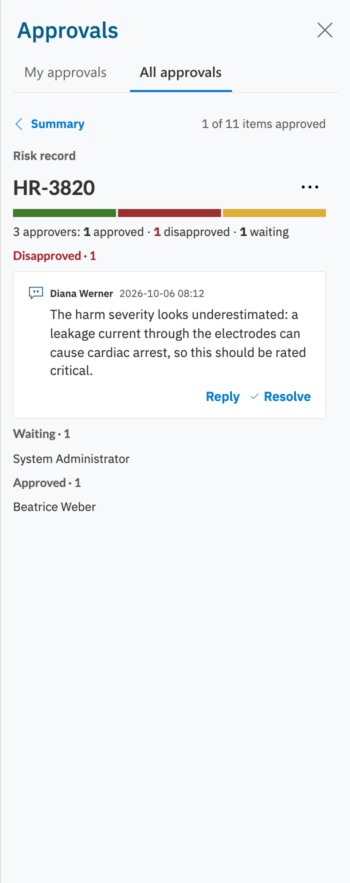 The item view of a risk listing a disapproval with its reason, one approver waiting and one who approved