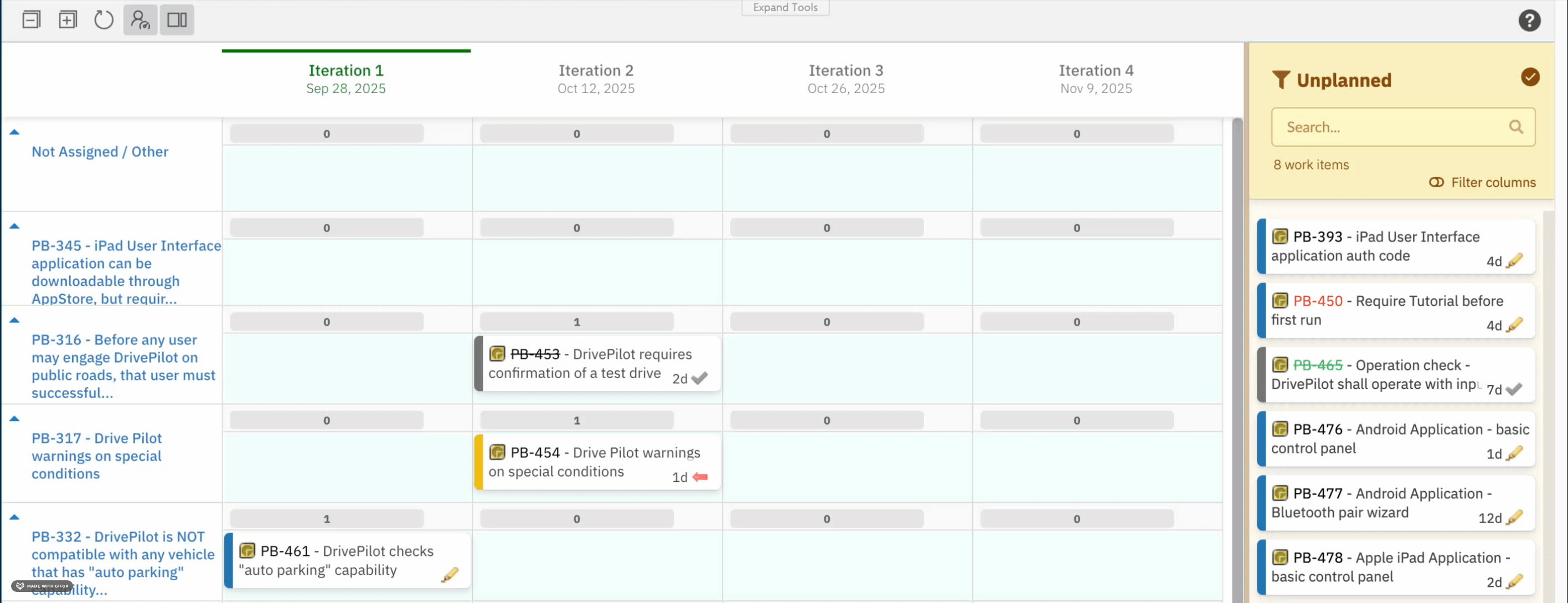 Work Item Properties sidebar open on the right while the board stays in position, showing personalized field additions that apply per user across all work items of the same type