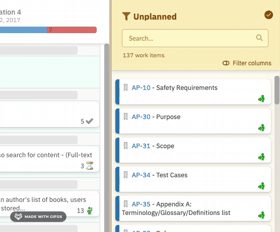 Unplanned sidebar showing the funnel filter icon, search field, Filter columns button, and 137 work items listed