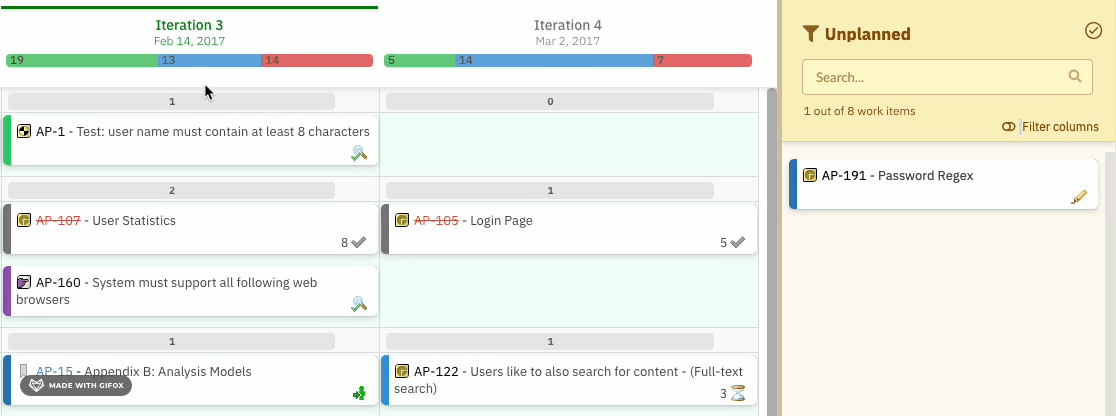 Planningboard showing Iteration 3 and Iteration 4 columns with planned work item cards in swimlane rows, and the Unplanned section with a filtered backlog on the right