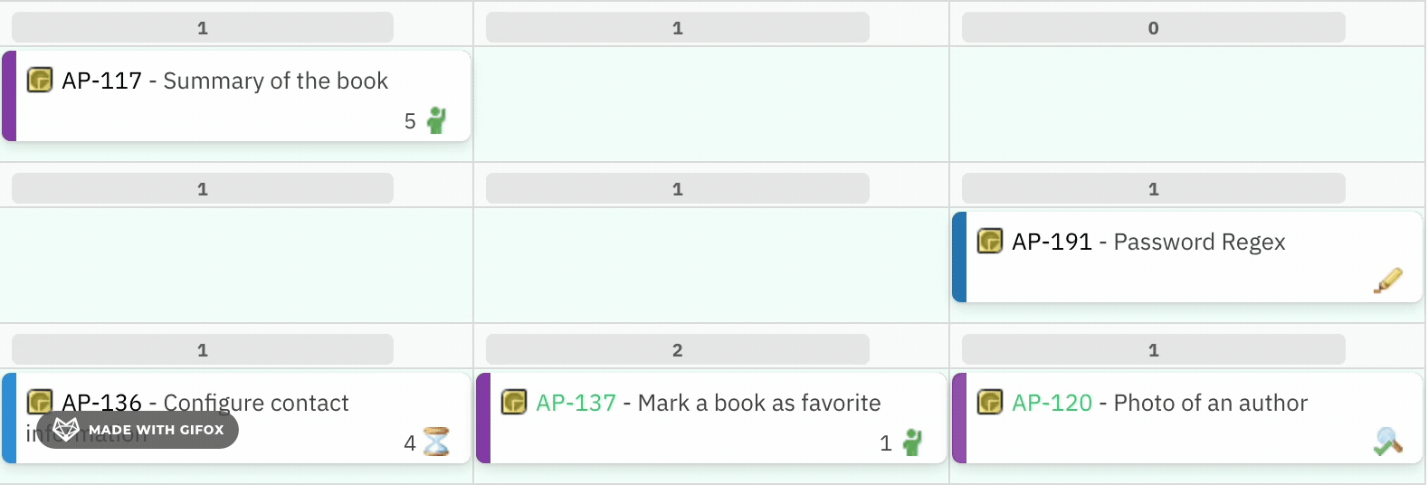Animated board view showing the result after Show Links is activated, with linked cards highlighted and unrelated cards hidden