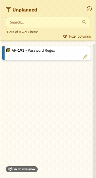 Unplanned sidebar after Filter columns is applied, showing 1 out of 8 work items remaining visible