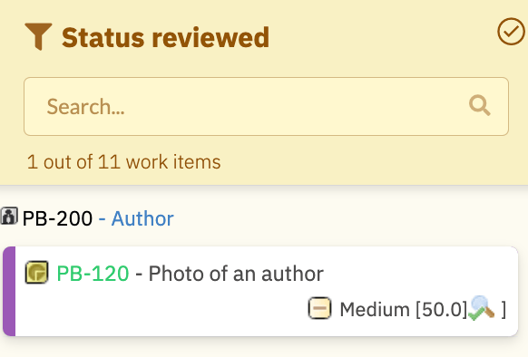Unplanned sidebar filtered to Status reviewed showing 1 out of 11 work items matching the query