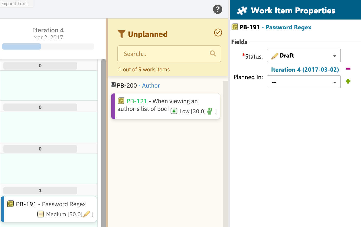 Work Item Properties sidebar showing a card planned only in Iteration 4 when Assign to Parent Plan is disabled