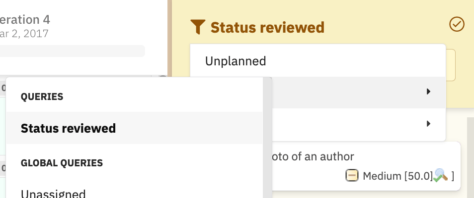 Sidebar filter dropdown showing the custom Status reviewed query listed under Queries alongside Global Queries