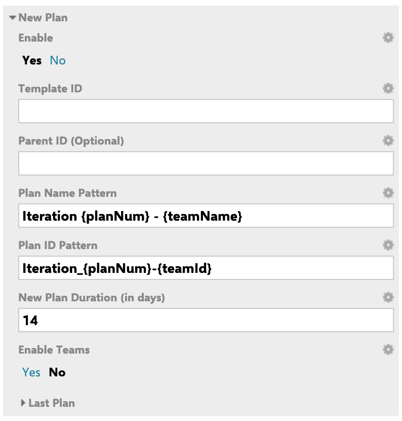 New Plan widget parameter section showing Template ID, Parent ID, Plan Name Pattern, Plan ID Pattern, New Plan Duration, and Enable Teams fields