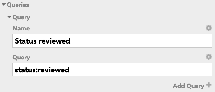 Queries widget parameter section showing a query named Status reviewed with the Lucene query status:reviewed