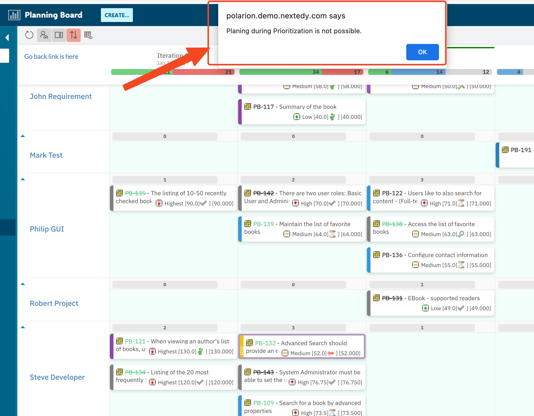 Board with a pop-up error message stating 'Planing during Prioritization is not possible' when trying to move a card between columns