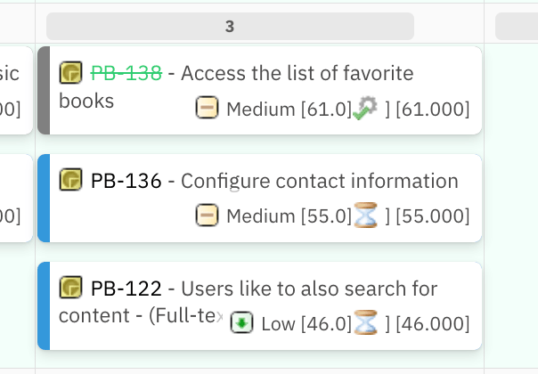 Three cards in a swimlane cell showing priority values in brackets before drag: PB-138 at 61, PB-136 at 55, PB-122 at 46