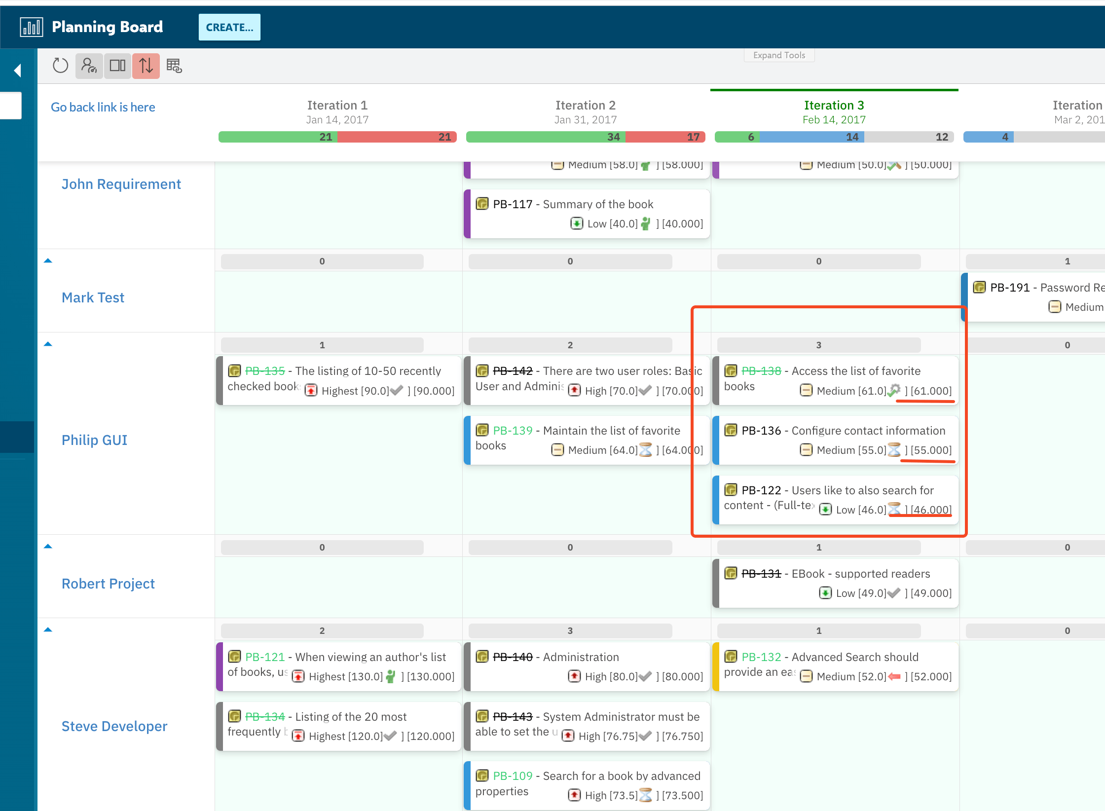 Planningboard in prioritization mode showing cards across swimlanes with priority values displayed in brackets