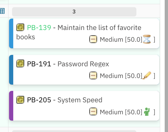 Three cards after reordering with PB-205 moved to middle showing priority value 55.000
