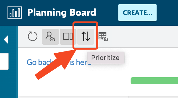 Toolbar highlighting the Prioritize button with its sort-order icon and tooltip label