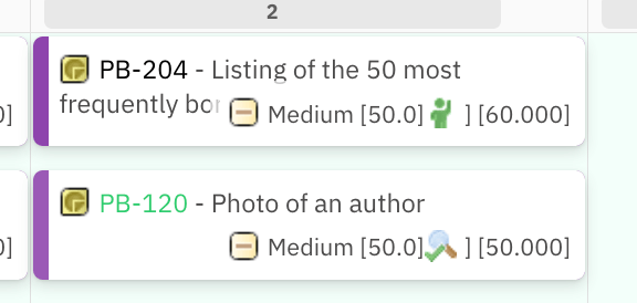 Two cards after drag: PB-204 now at 60.000 and PB-120 at 50.000