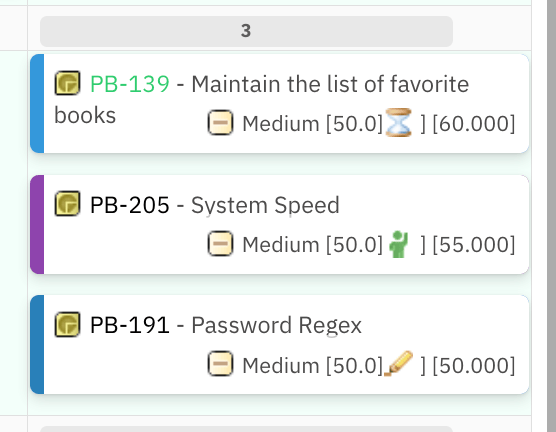 Three cards in final ordered state: PB-139 at 60.0, PB-205 at 55.0, PB-191 at 50.0