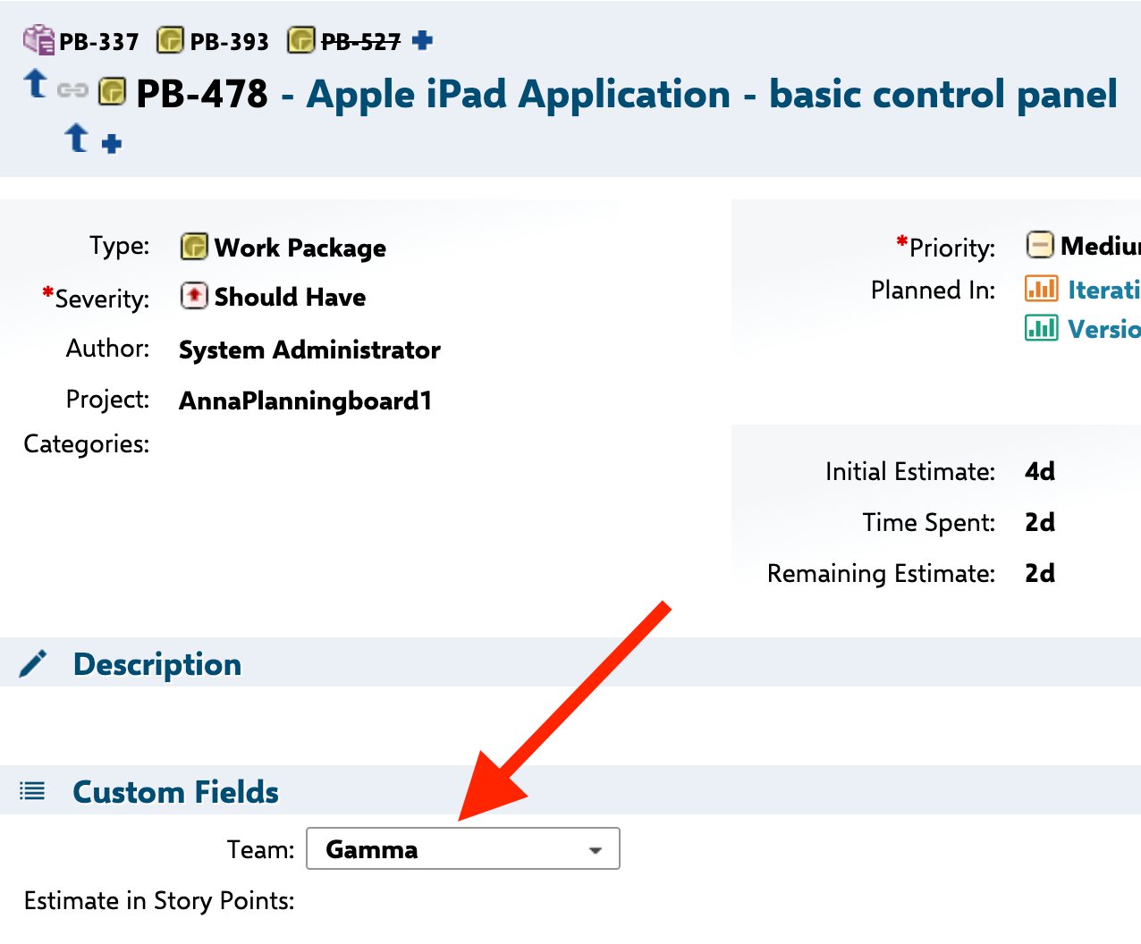 Work item PB-478 open in Polarion showing the Custom Fields section with a Team dropdown set to Gamma