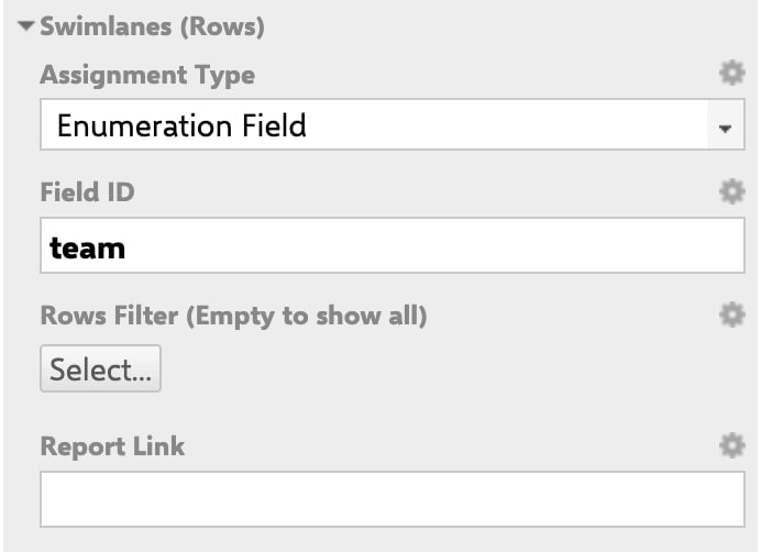 Widget Parameters panel showing Swimlanes (Rows) with Assignment Type set to Enumeration Field and Field ID set to team