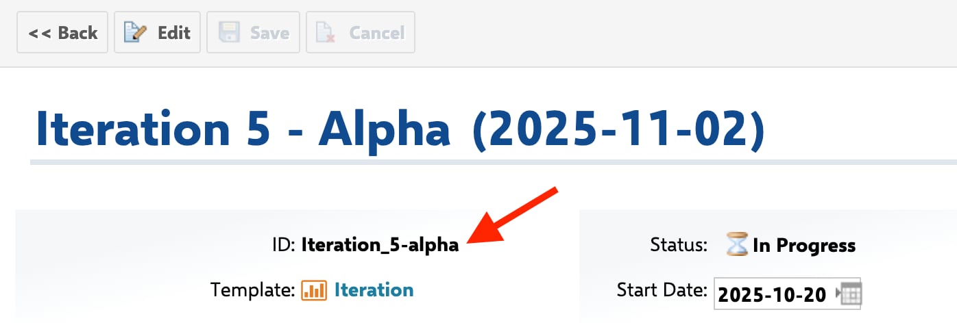 Polarion Plan detail page for 'Iteration 5 - Alpha (2025-11-02)' showing the plan ID field set to Iteration_5-alpha