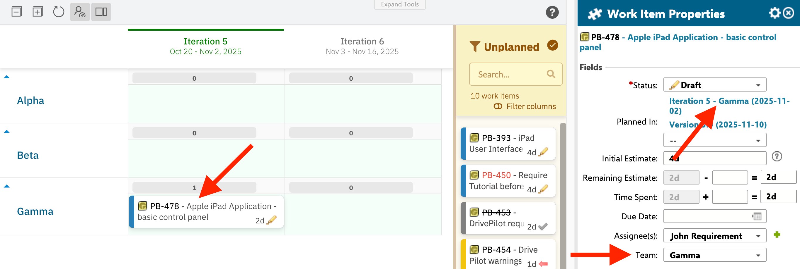 Work item PB-478 now shown in the Gamma swimlane with the Work Item Properties panel showing Team set to Gamma and Planned In updated to Iteration 5 - Gamma