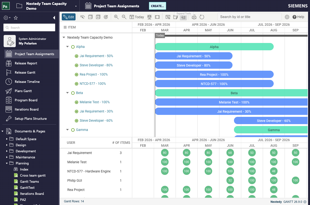 The Project Team Assignments Gantt, showing team Alpha with three named members and a fourth row for a department resource assigned at 100%, and the same department listed in the allocation table beneath the chart