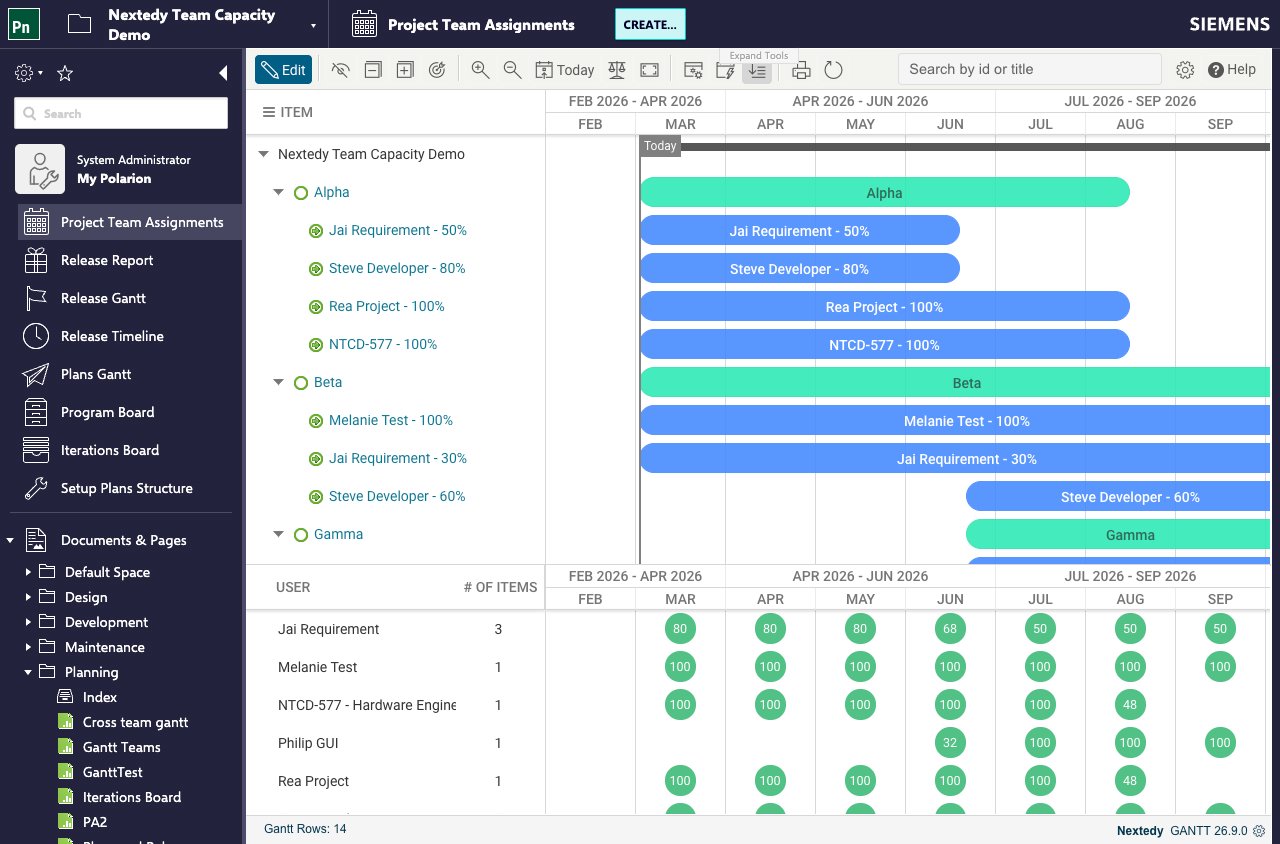 The Project Team Assignments Gantt, showing team Alpha with three named members and a fourth row for a department resource assigned at 100%, and the same department listed in the allocation table beneath the chart