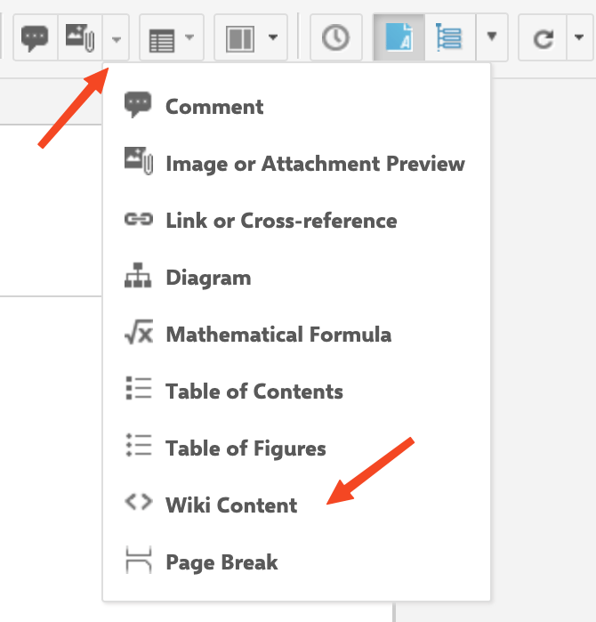 The Polarion LiveDoc insert menu with the Wiki Content entry highlighted