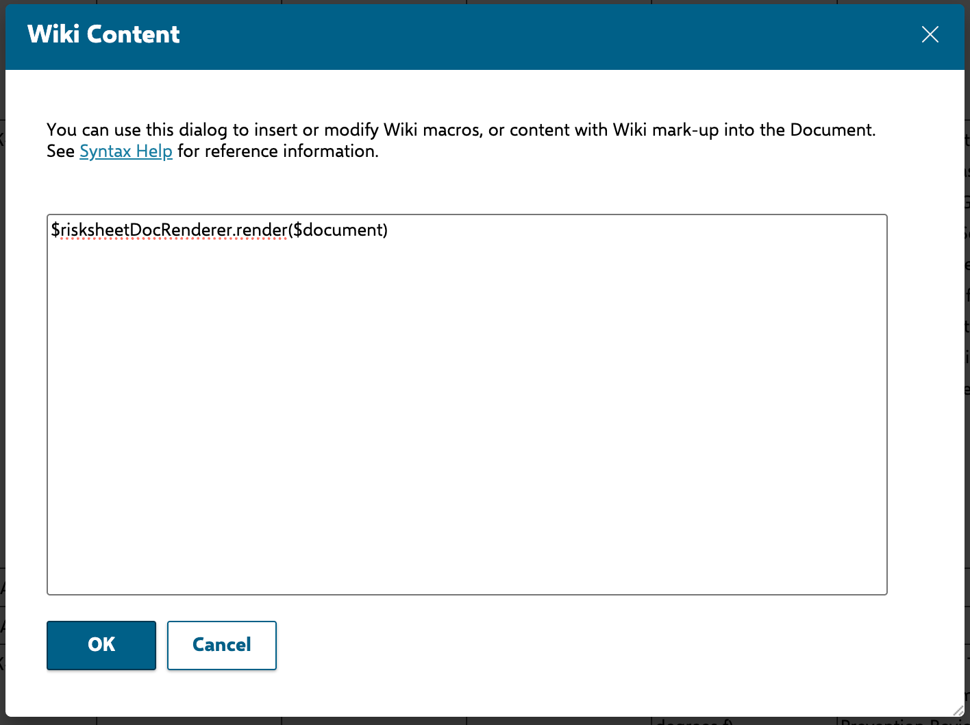 The Polarion Wiki Content dialog containing the risksheetDocRenderer render call