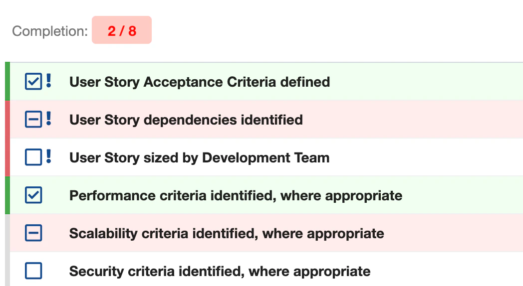 Default checklist icons showing checked, unchecked, and not-applicable states