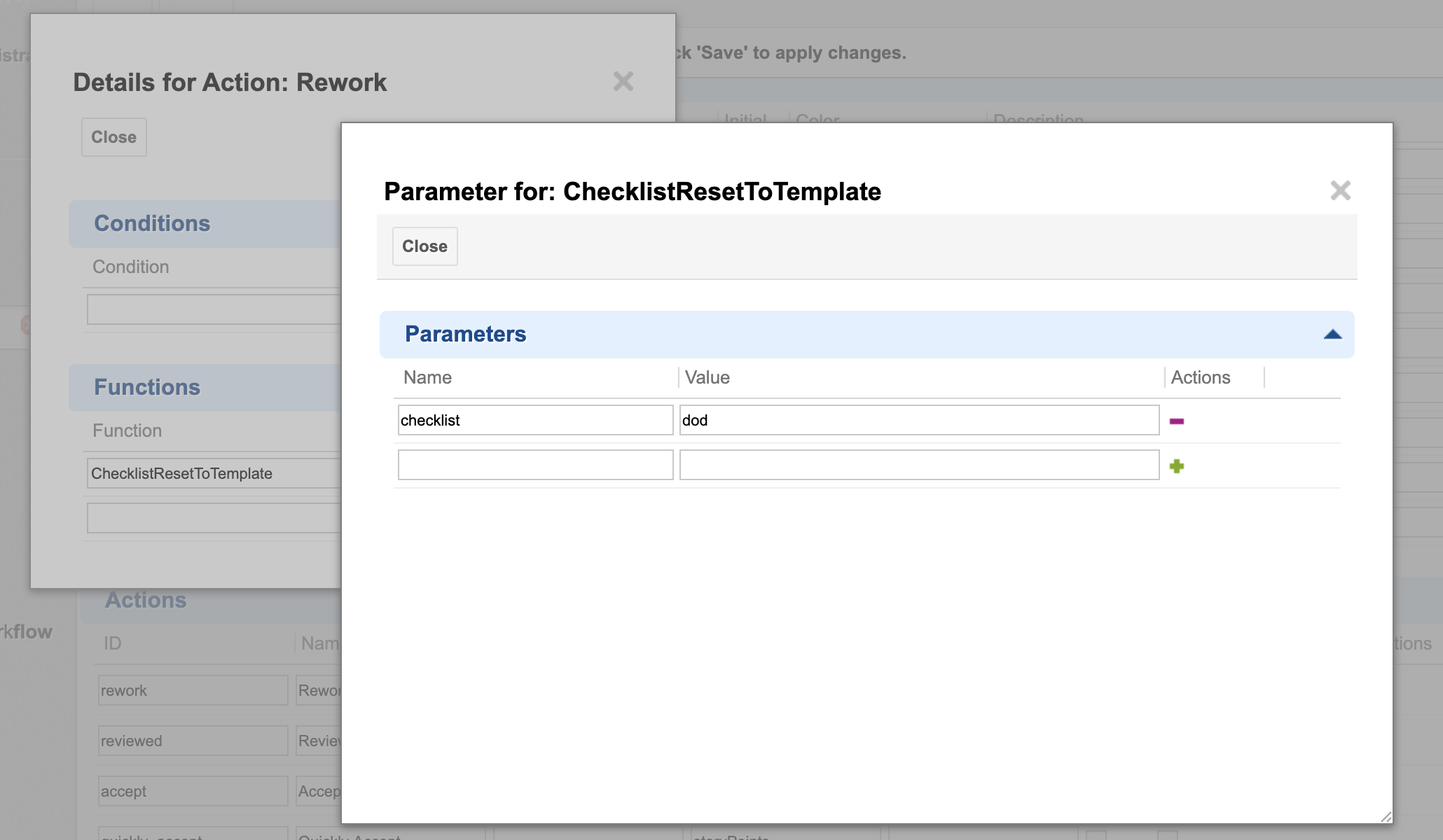 Parameter dialog for the ChecklistResetToTemplate function with a checklist parameter set to the value dod