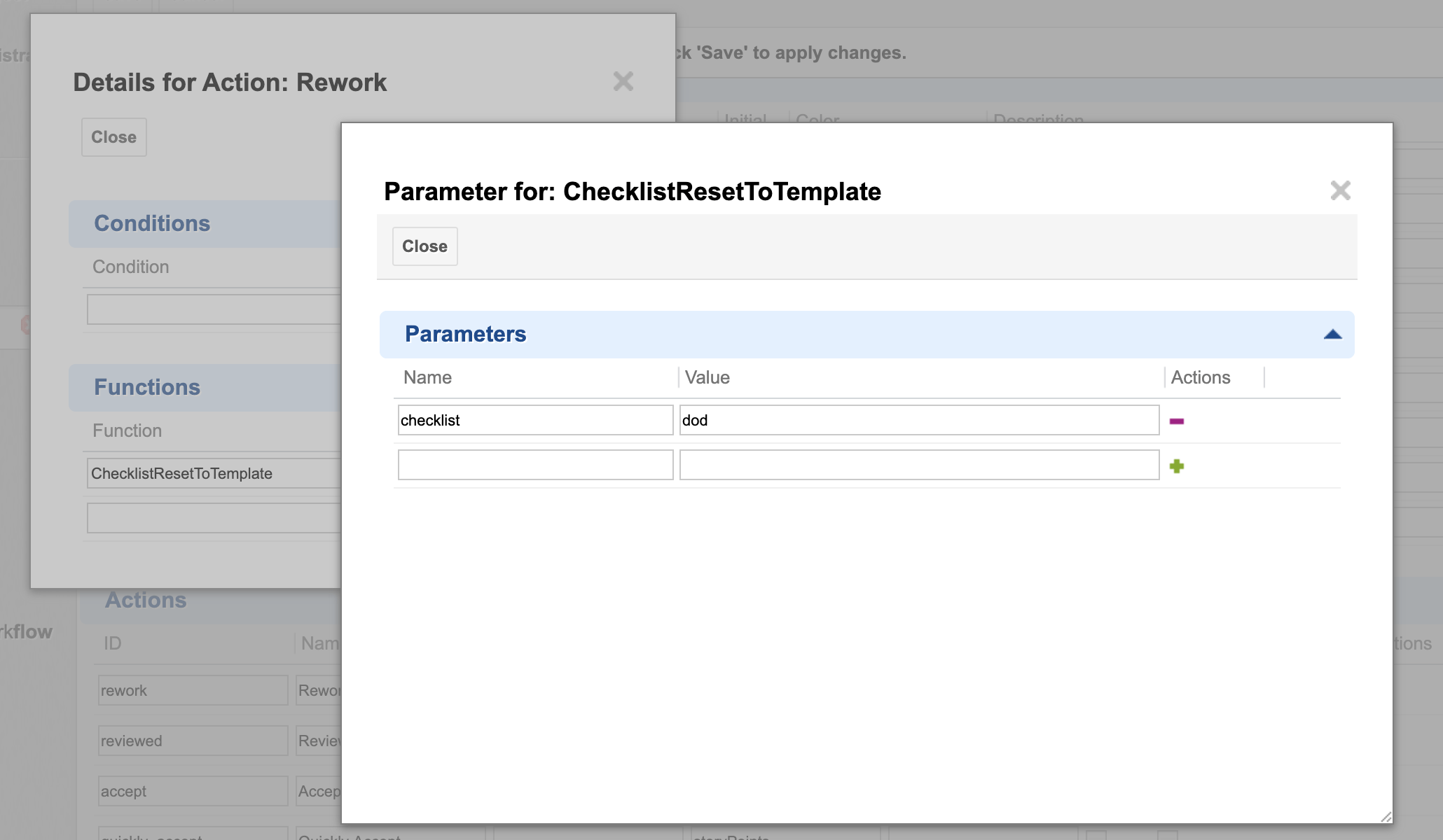 Parameter dialog for the ChecklistResetToTemplate function with a checklist parameter set to the value dod