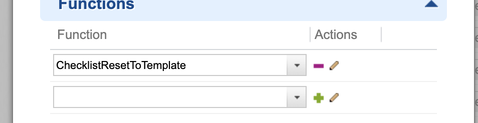 Workflow action Functions panel with ChecklistResetToTemplate selected in the function dropdown