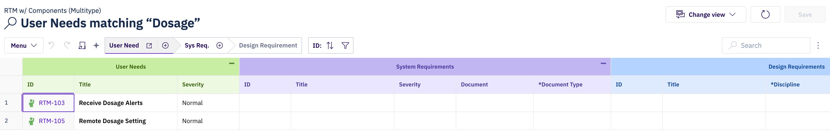 A Powersheet sheet opened with match=Dosage in the URL, showing only the two user needs whose title contains “Dosage”, under a header that reads “User Needs matching “Dosage””.