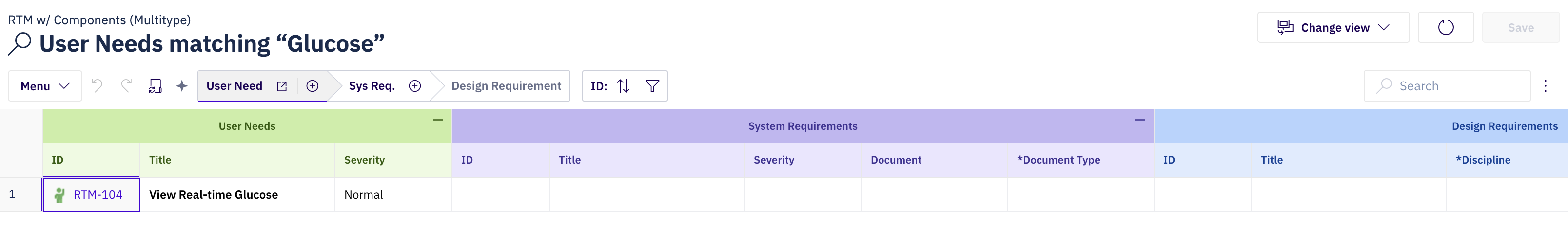 The same sheet opened with match=Glucose, now showing only the user need whose title contains “Glucose”, under a header that reads “User Needs matching “Glucose””.