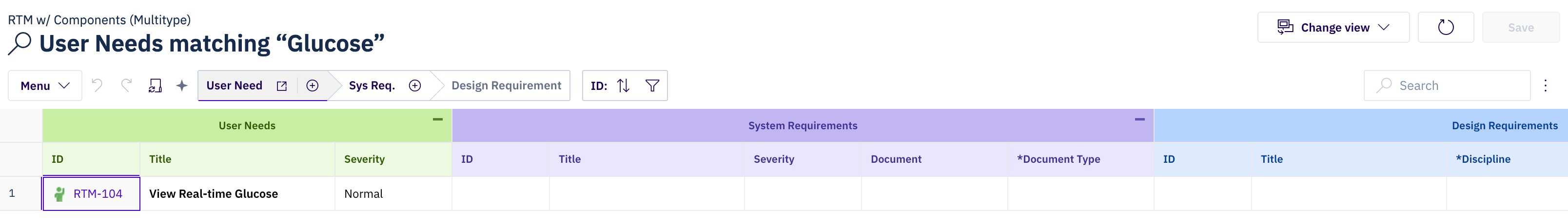 The same sheet opened with match=Glucose, now showing only the user need whose title contains “Glucose”, under a header that reads “User Needs matching “Glucose””.