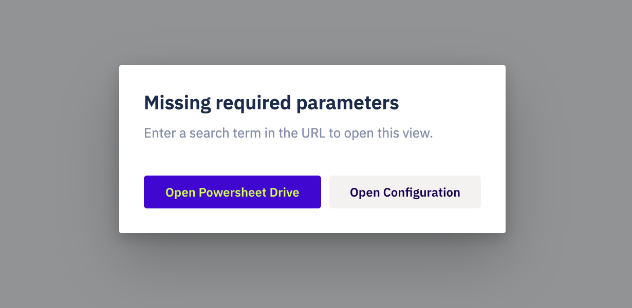 A “Missing required parameters” card with the configured ifMissing message and its button, plus an admin-only Open Configuration action.
