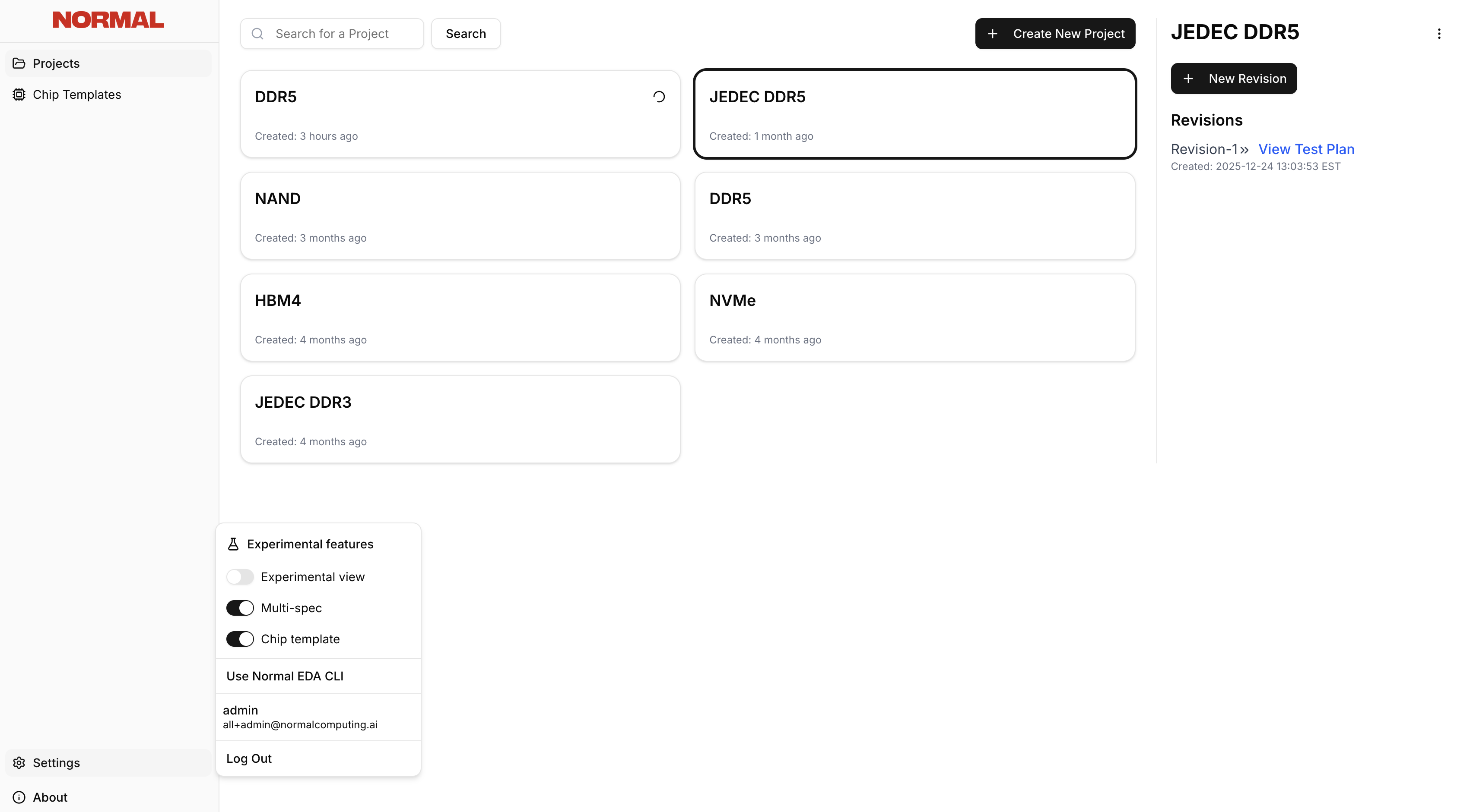 Settings page with experimental features