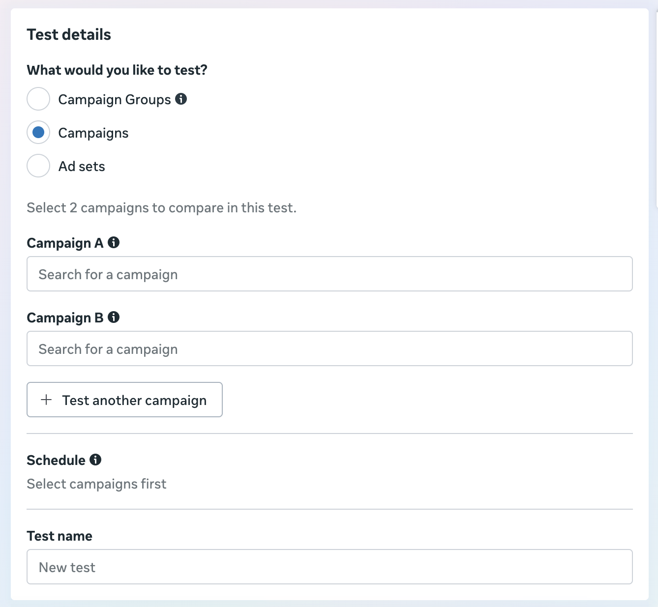 Add campaigns to test and control cells