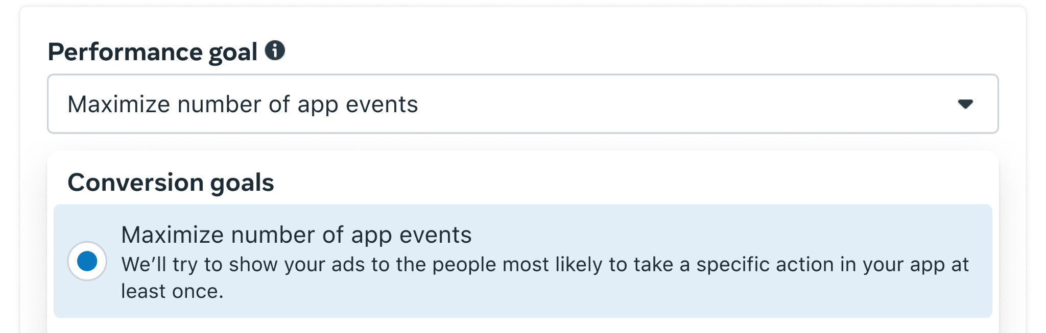 Performance goal set to Maximize number of app events